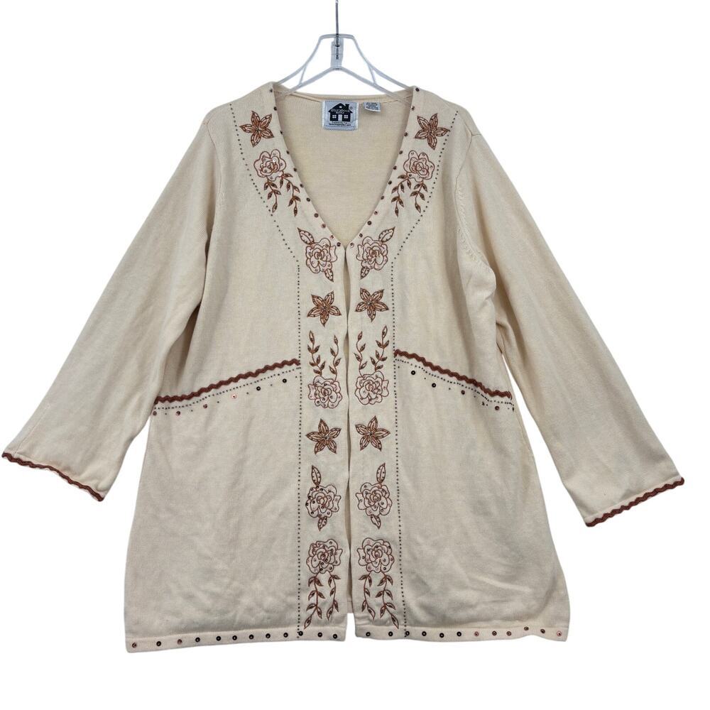 Storybook Knits Cardigan Sweater Womens Size 1X Yellow Sequin‎ Embroidered